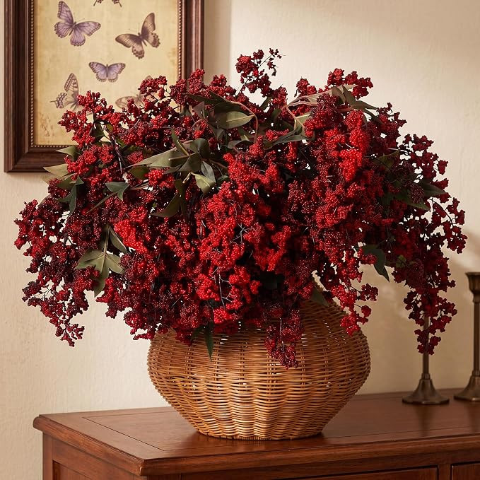 3 Pcs Artificial Red Green Berry Stem Spring Faux Flowers Picks Branches Fake Realistic Sedum Ste... | Amazon (US)