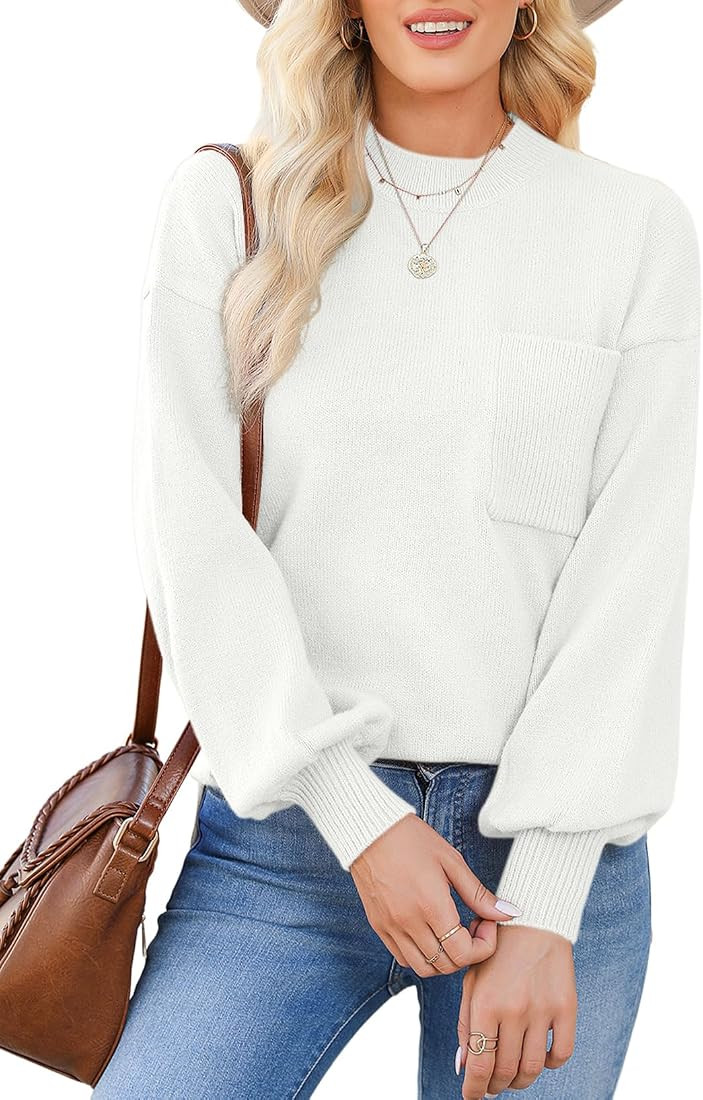 EVALESS Sweaters for Women Oversized Long Puff Sleeve Crewneck Tunic Pullover Sweater | Amazon (US)