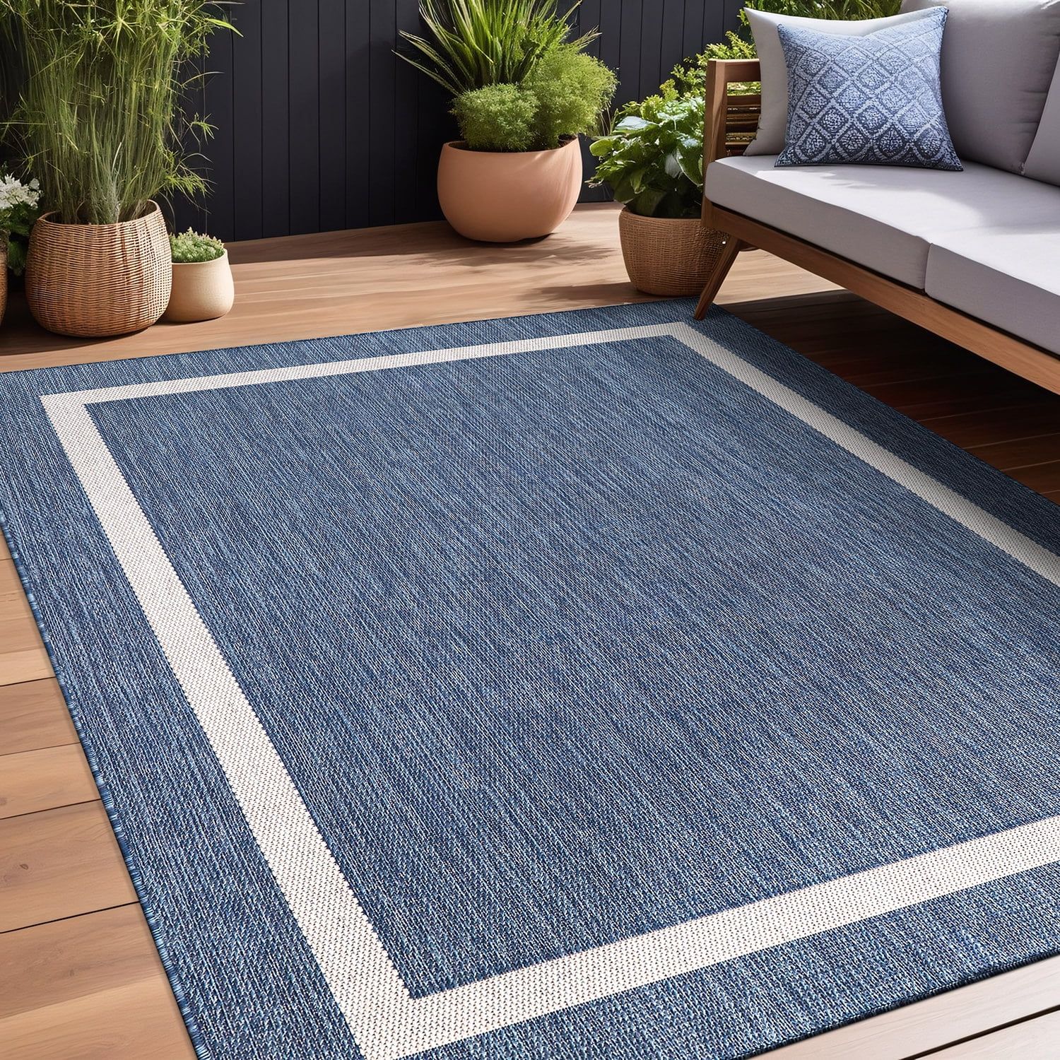 Beverly Rug Sun Indoor Outdoor Area Rugs, Bordered Patio Porch Garden Carpet, Blue and White, 4'x... | Walmart (US)