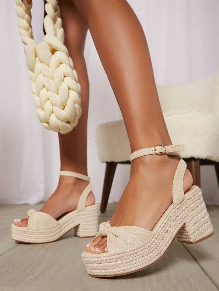 Knotted Linen Peep Toe Espadrille Platform Heels | SHEIN