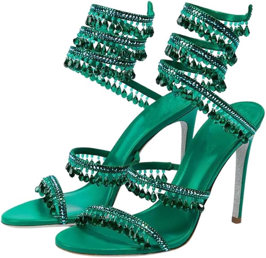 Rhinestone Tassel Wrap Around Heels for Women Prom Shoes Colorful Crystals Twist Open Round Toe L... | Amazon (US)
