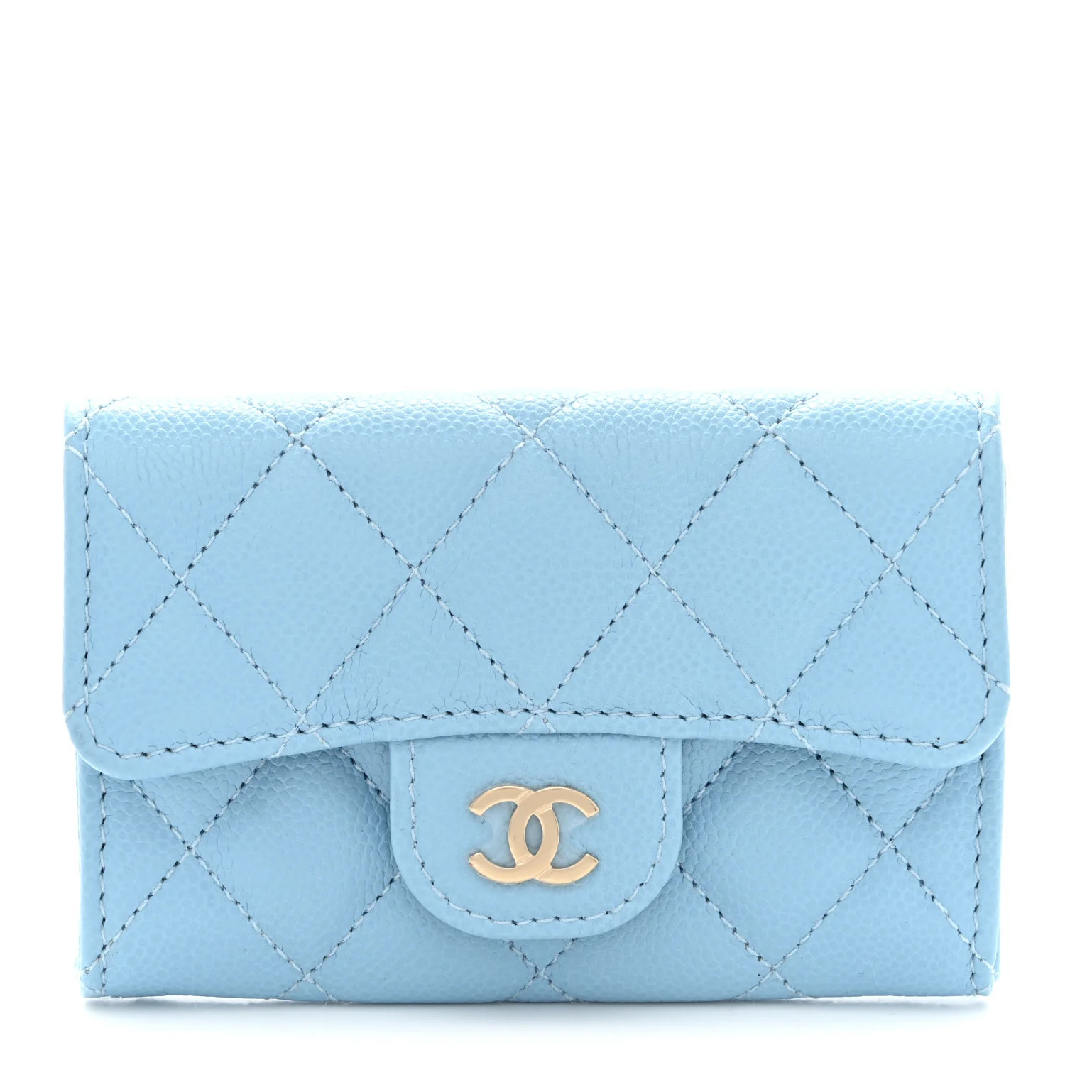Caviar Quilted Flap Card Holder Wallet Light Blue | FASHIONPHILE (US)