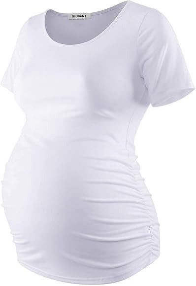 GINKANA Short Sleeve Maternity Tops Shirts Floral Ruched Sides Casual Mama Pregnancy Blouses Clothes | Amazon (US)