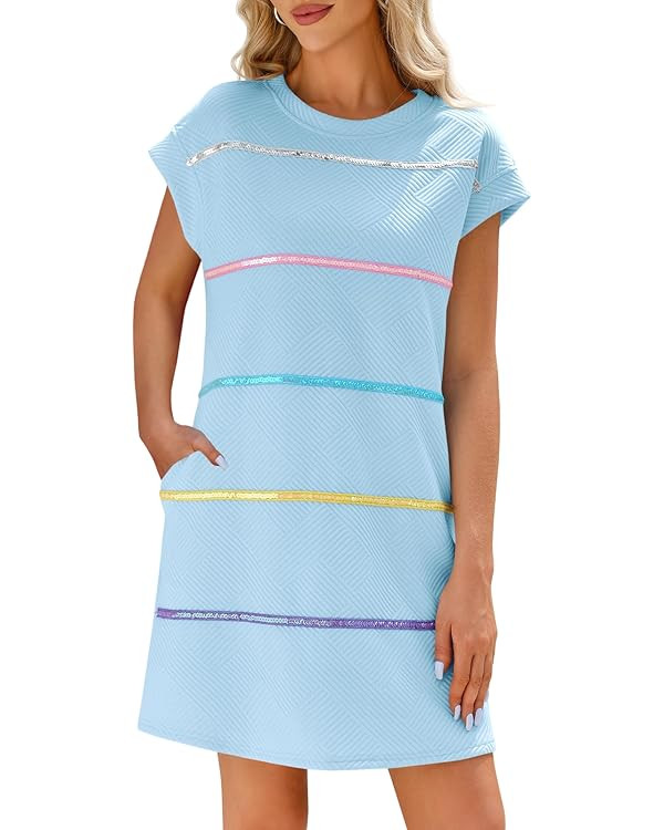 Wenrine Womens Textured T Shirt Dress Short Sleeve Summer Casual Sequin Stripe Mini Dresses | Amazon (US)