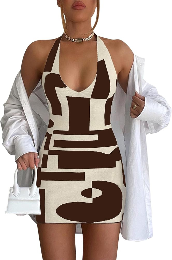 MISSACTIVER Women’s Halter Neck Sleeveless Bodycon Dress Sexy Deep V Neck Backless Bandage Summ... | Amazon (US)