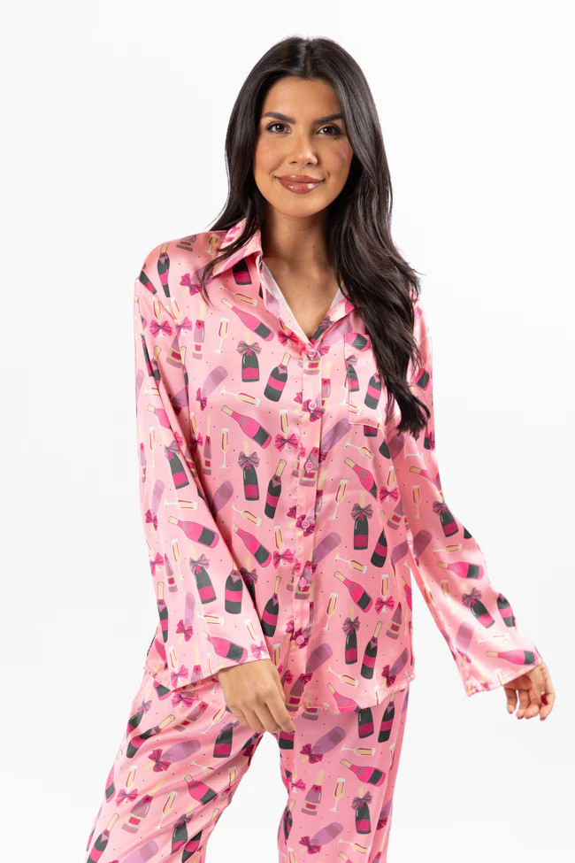 No Place Like Home Pink Silk Champagne Pajama Top | Pink Lily