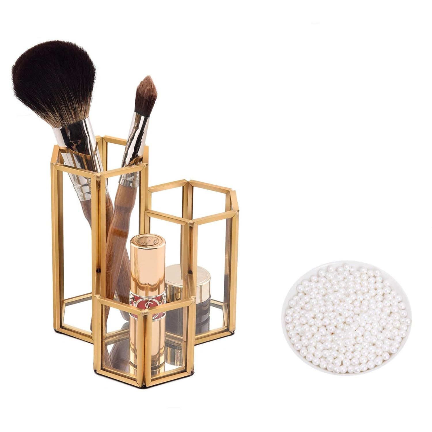Moxita Makeup Brush Holder Organizer, 3 Slot Glass Cosmetics Brushes Storage, Gold Hexagon Pen Pe... | Amazon (US)