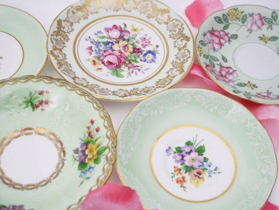 Mismatched Saucers, Mint Green Gold Floral, Pink Roses, Mix and Match, English Bone China, Shabby Ch | Etsy (US)