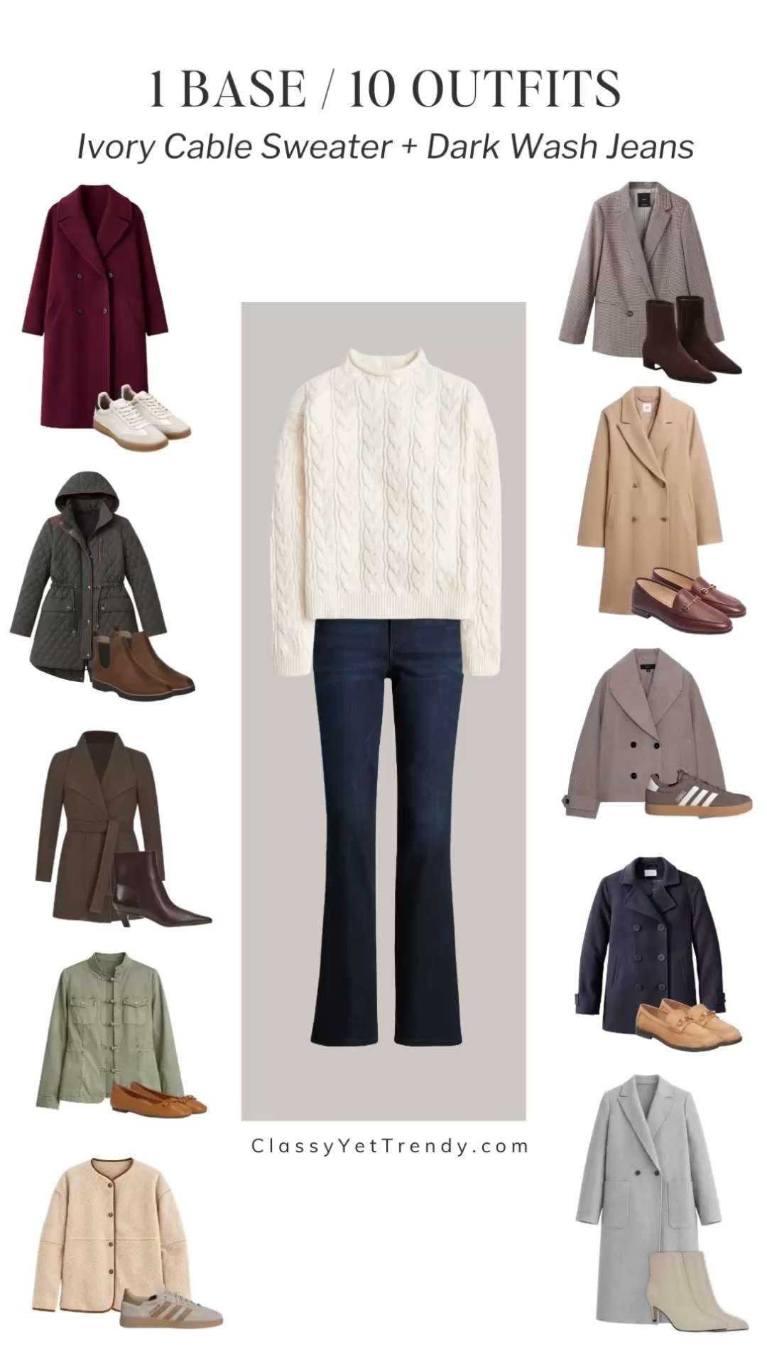 1 Base, 10 Outfits 🎉 10 ways to wear two classic and timeless wardrobe staples: an ivory cable sweater and dark wash jeans ✔️ Mix and match layers, shoes and accessories to create ten different looks.

how to style, outfit ideas, elevated outfit, wardrobe essentials, coat, jacket, sneakers, boots, ballet flats, loafers

#outfitideas #outfitinspiration #capsulewardrobe #everydaystyle #smartcasualstyle 

 #LTKootd