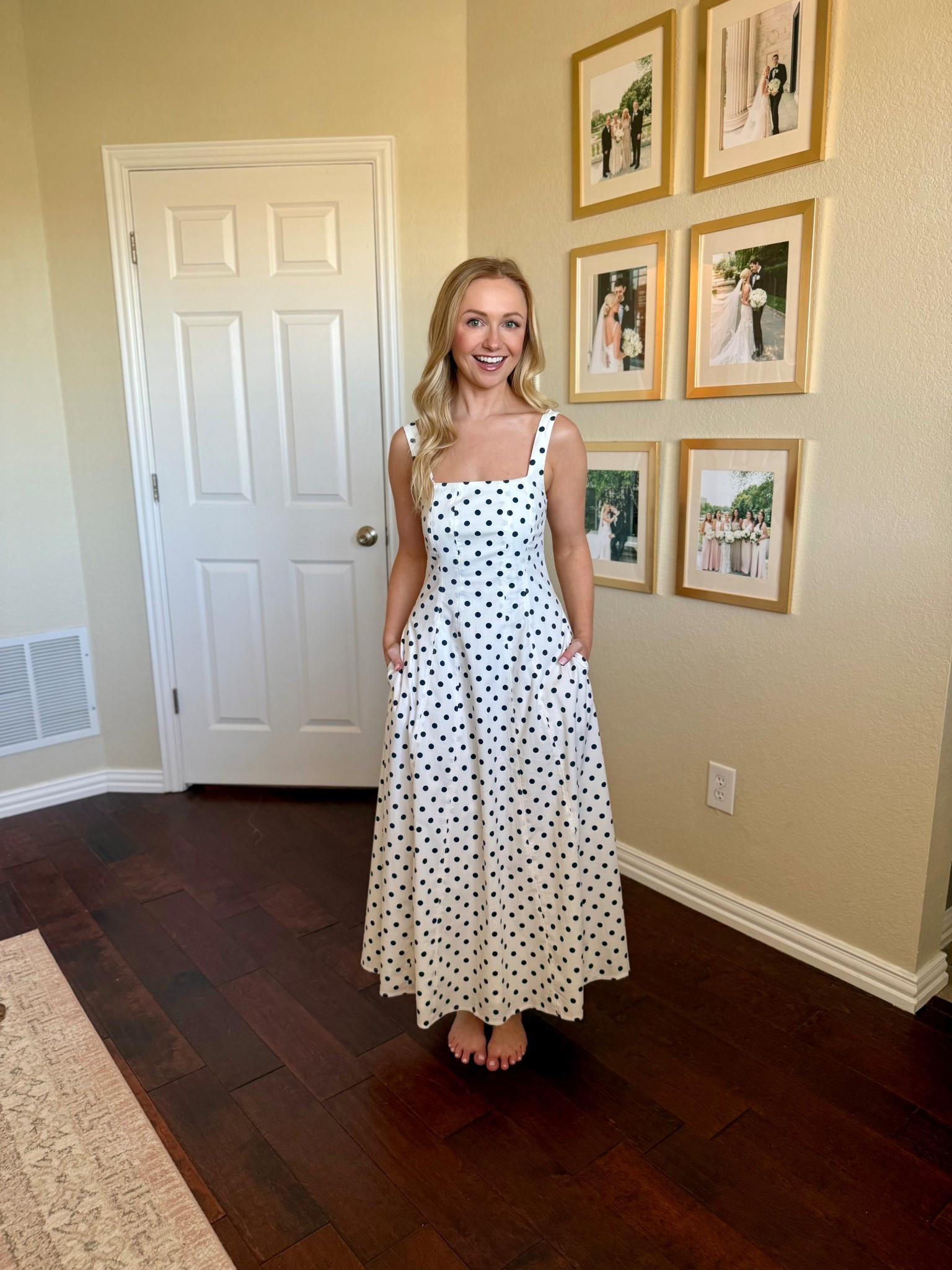 In love with this polka dot midi dress!! Wearing an XS regular and it fits perfectly. The polka dots are navy! 

#LTKSeasonal #LTKootd #LTKPetite