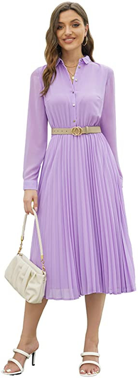 AbleTree Business Casual Shirt Dress for Women Long Sleeves Pleated Midi Dresses with Belt | Amazon (US)