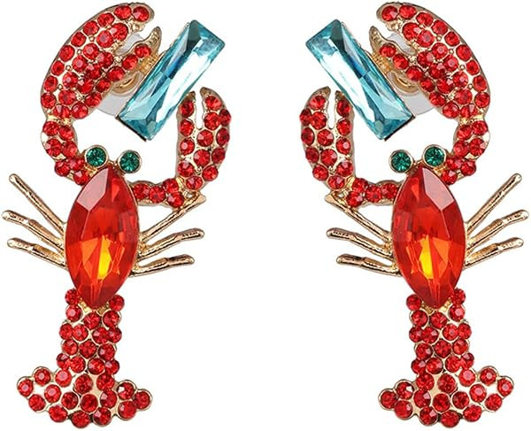 Red Rhinestone Crayfish Dangle Earrings for Women Lobster Crystal Drop Dangling Studs Earring Car... | Amazon (US)