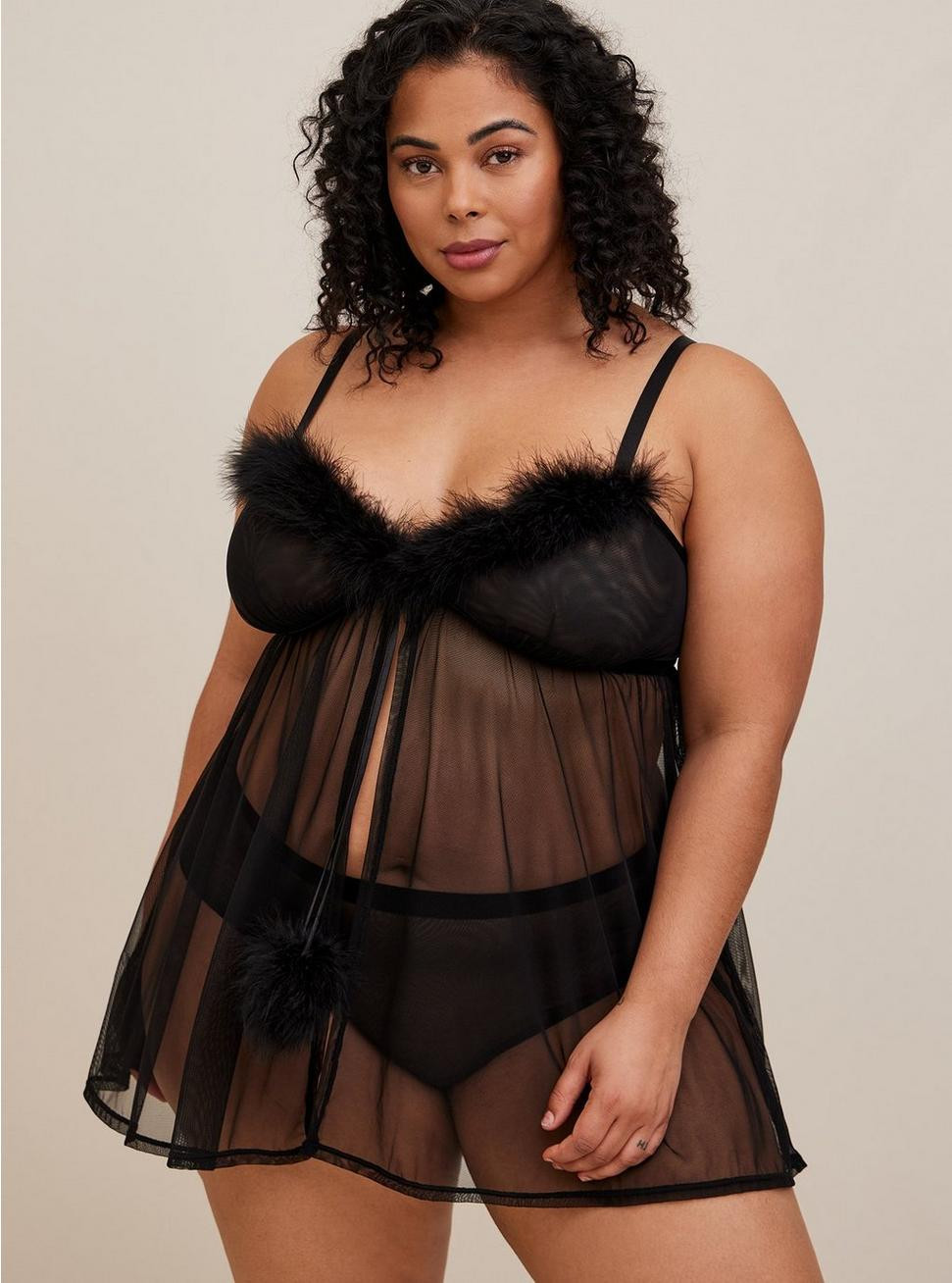 Mesh Flyaway Babydoll With Marabou Trim | Torrid (US & Canada)