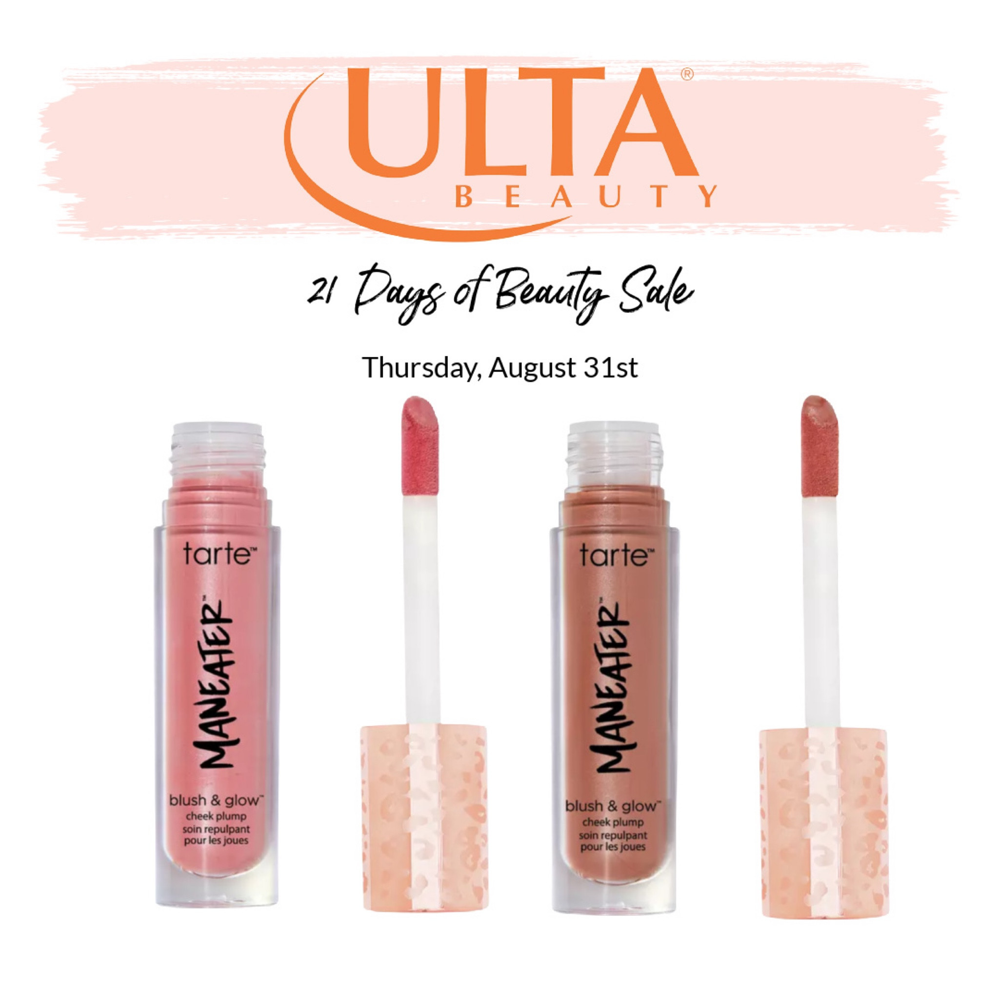 Ulta Beauty’s 21 Days of Beauty Sale

50% Off Tarte Maneater Blush & Glow Cheek Plump

#ultabeauty @ultabeauty

#LTKsalealert #LTKbeauty #LTKFind