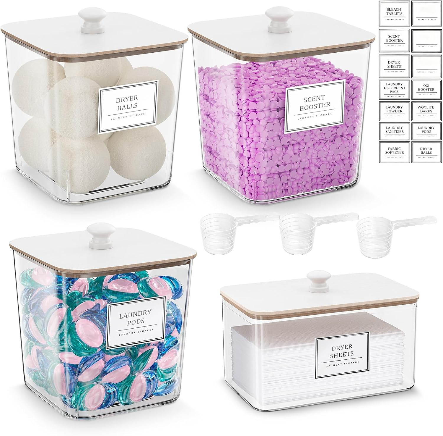 HomePekite Laundry Pods Storage Container, Clear Acrylic Laundry Room Organization and Storage ,Detergent Powder Container,with Wooden Lids & Labels, 3+1 Pack（White） | Amazon (US)