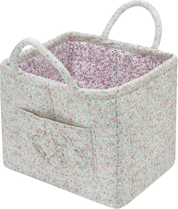Quilted Fabric Storage Basket with Handles & Pocket, Foldable Laundry Hamper Boho Floral Print Or... | Amazon (US)