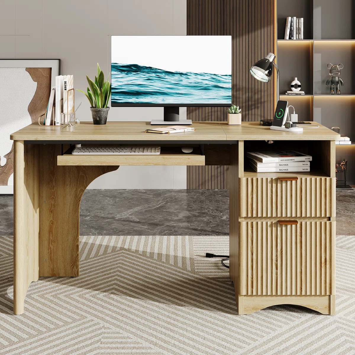 Labelle 55Inch Fluted Executive Desk with Power Outlet, Mordern Computer Writing Desks with File ... | Wayfair North America