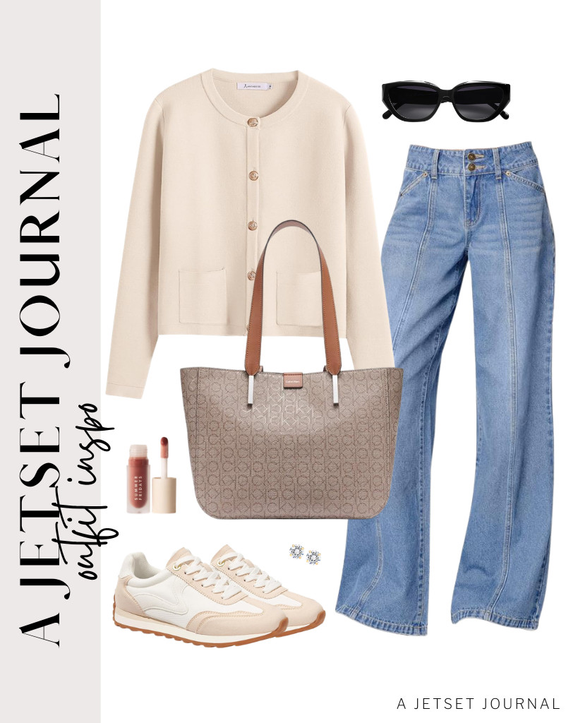 The next outfit to style is this cream button-down cropped cardigan paired with Sidefeel light-wash jeans. This fit goes well with LUCKY STEP fashion sneakers and a Calvin Klein tote bag. You can add these SOJOS polarized sunnies and PAVOI earrings, too.

#LTKSeasonal #LTKSaleAlert #LTKTravel
 

 