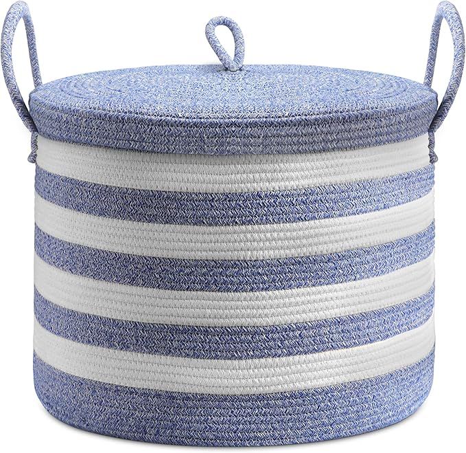 Amazon.com: LOVSTORAGE 20.5"x14.5" Large Rope Blanket Basket with Lid, Woven Storage Basket Baby ... | Amazon (US)