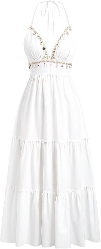 OYOANGLE Women's Shell Decor Cami Halter Long Dresses Tie Backless Ruffle A Line Boho Tiered Dres... | Amazon (US)