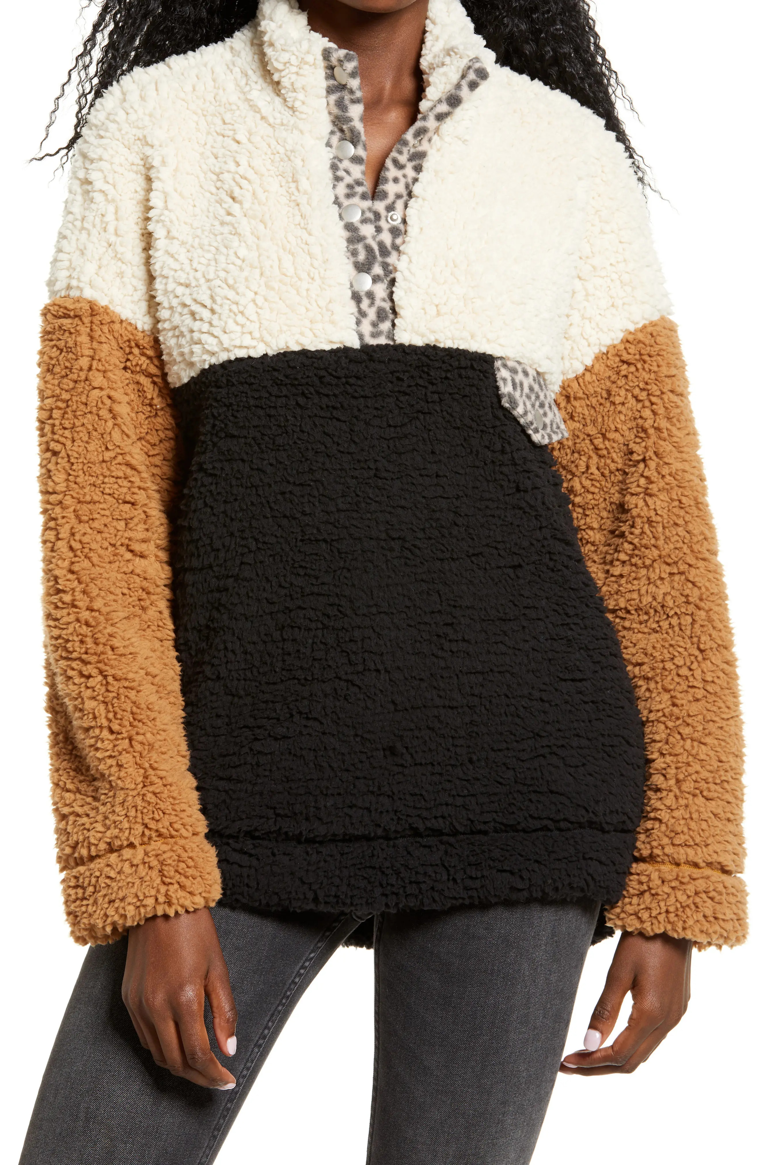 Women's Thread & Supply Wubby Colorblock Fleece Pullover, Size X-Small - Black | Nordstrom