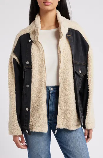 BLANKNYC High Pile Fleece & Denim Trucker Jacket in Black Eyes at Nordstrom Rack, Size Small | Nordstrom Rack