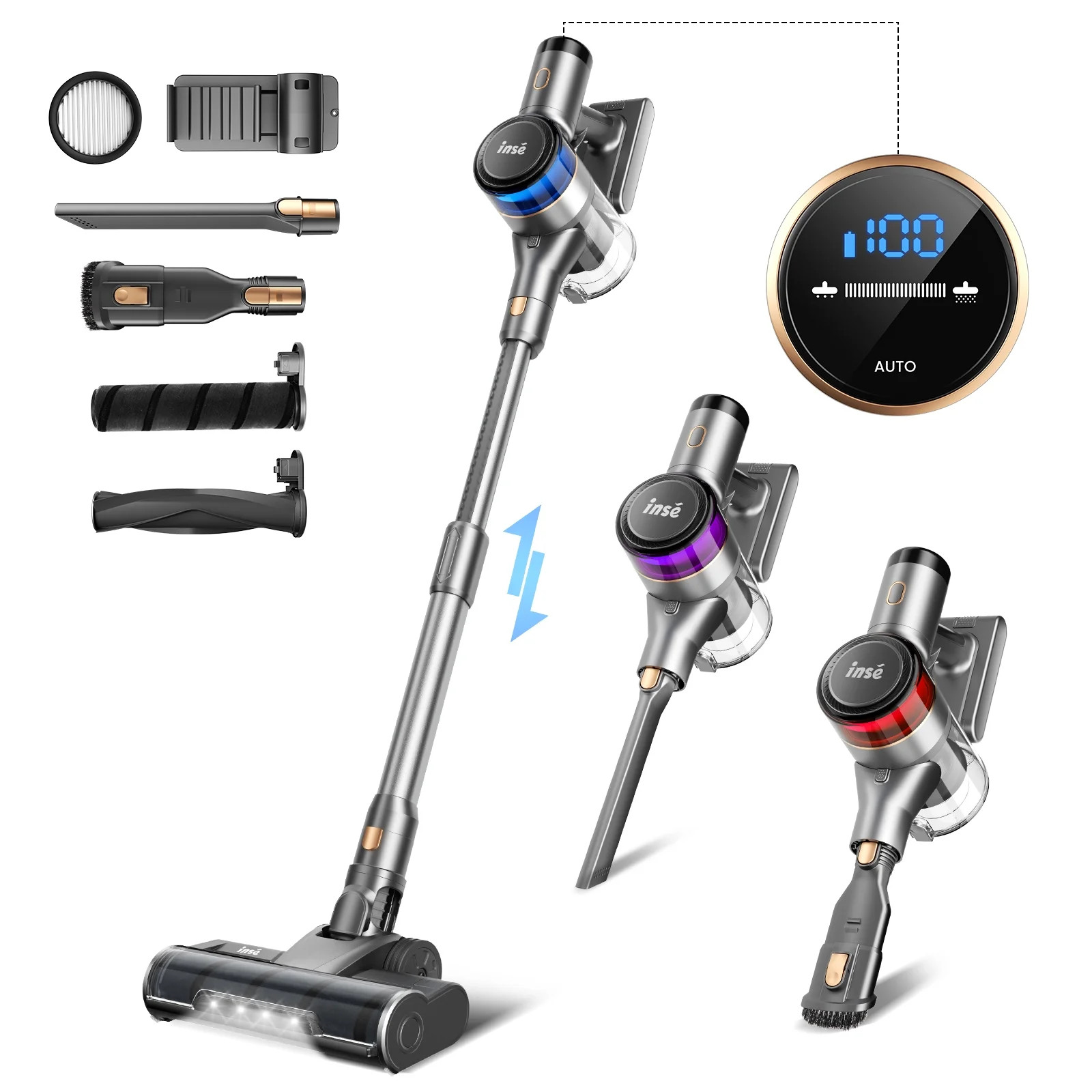 INSE Cordless Vacuum Cleaner, 55min Max Runtime, 400W/30Kpa Rechargeable Stick Vacuum with LED Di... | Walmart (US)