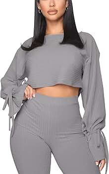 Solid Color Two Piece Outfits for Women，Long Sleeve Crop Top and Bodycon Pants Joggers Clubwear... | Amazon (US)