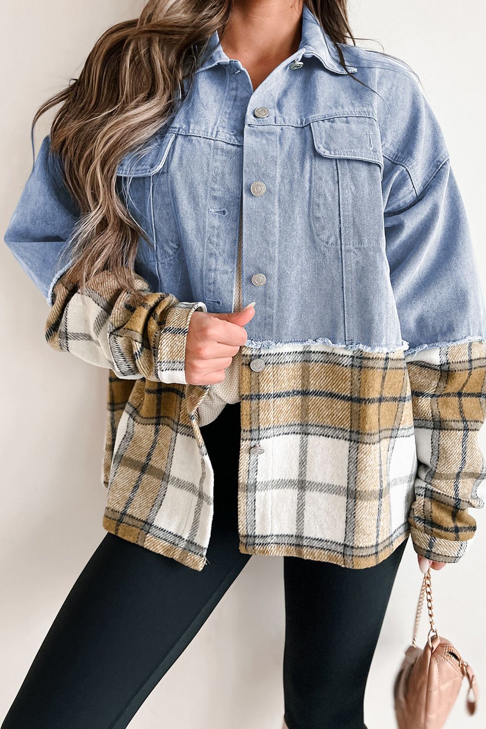 Khaki Plaid Patchwork Buttoned Denim Jacket | Shewin