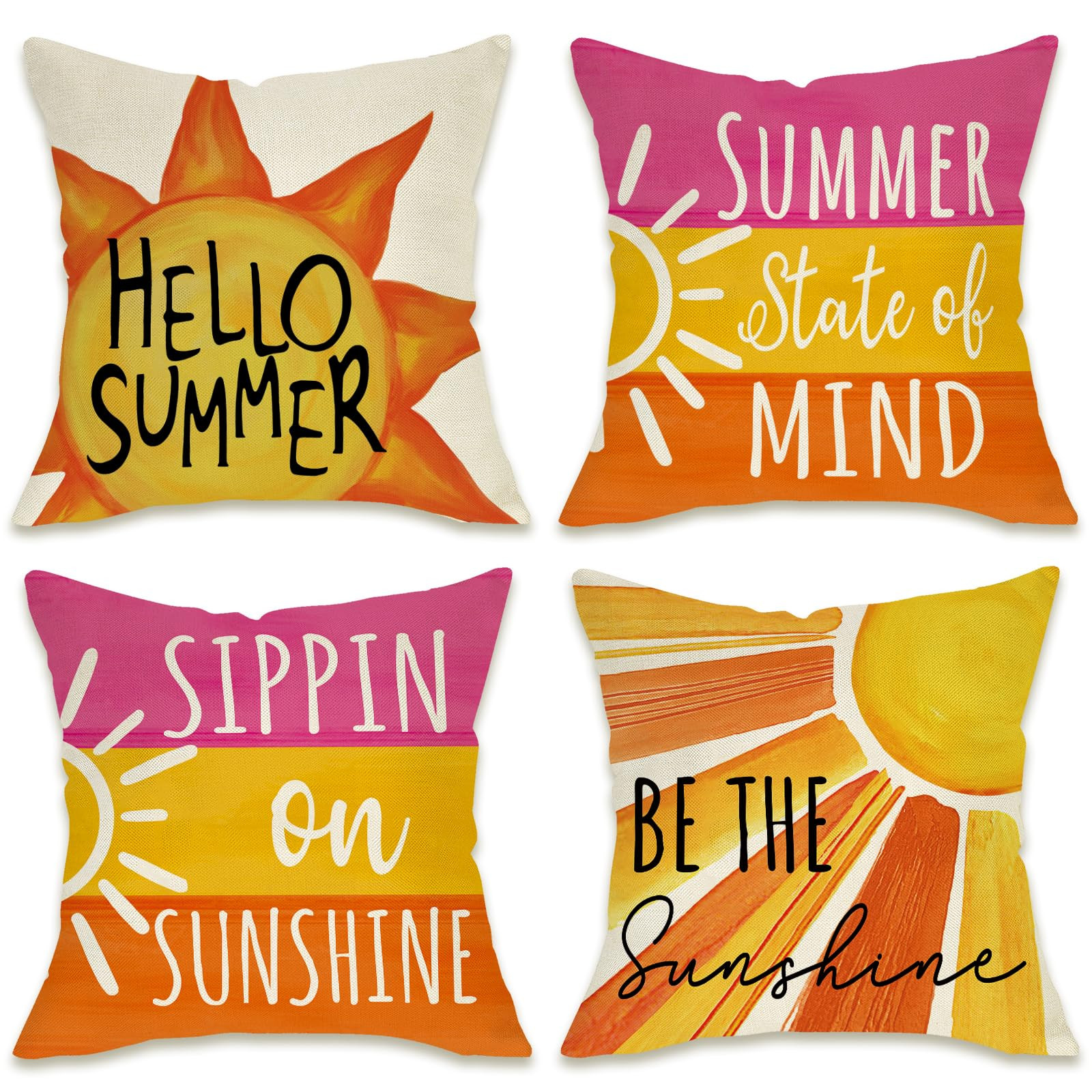 Fahrendom Hello Summer Sun Decorative Throw Pillow Covers 18 x 18 Set of 4, Be The Sunshine Strip... | Amazon (US)