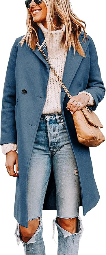 Tanming Women's Notch Lapel Double Breasted Wool Blend Mid Long Pea Trench Coat | Amazon (US)