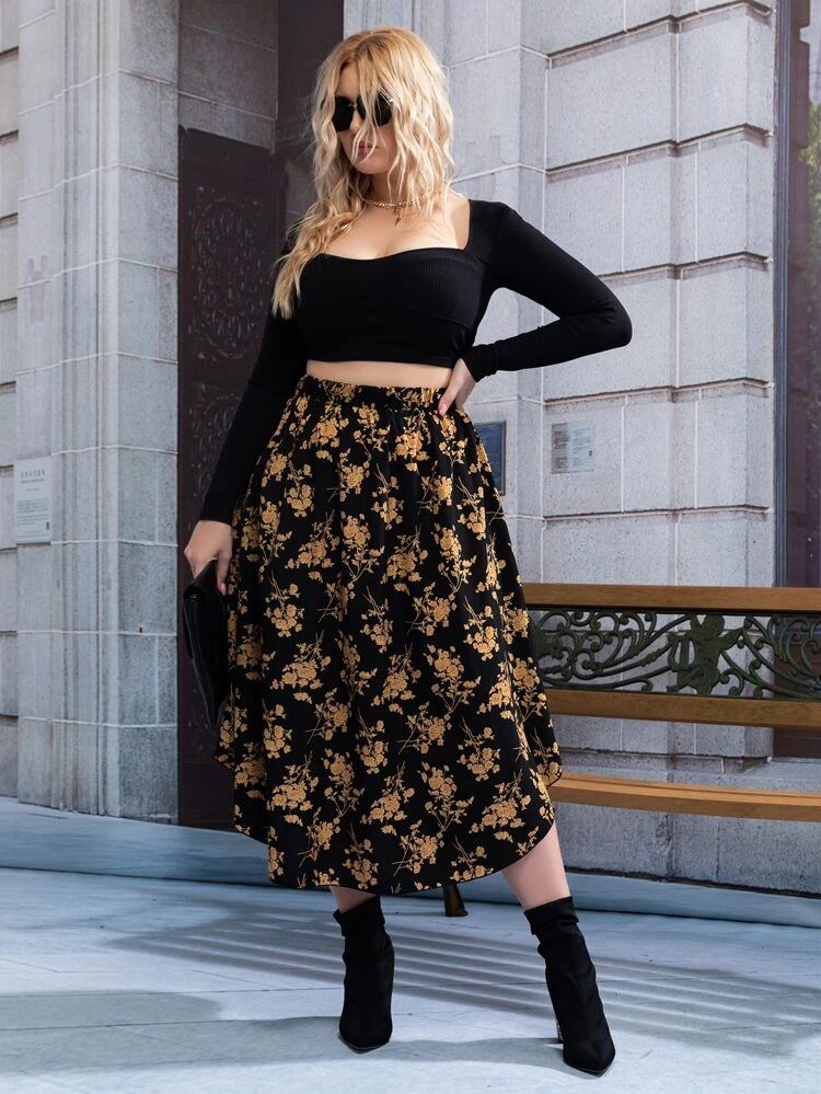 Plus Allover Floral Print Skirt | SHEIN