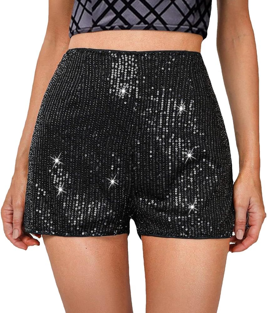 Sequin Shorts for Women High Waist Elastic Sparkly Straight Leg Short Glitter Sparkle Hot Pants S... | Amazon (US)
