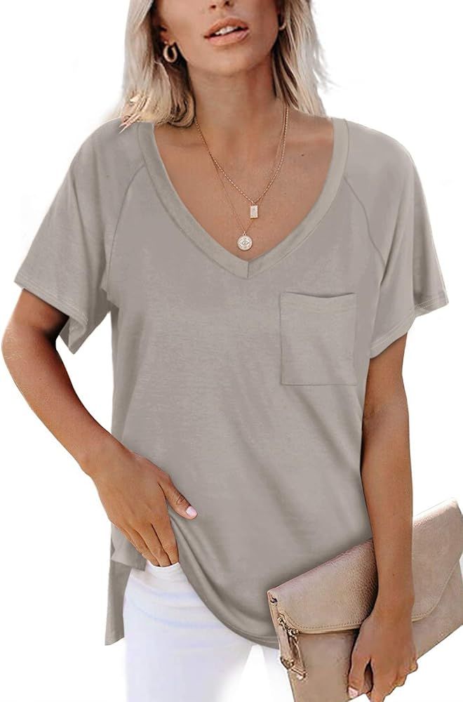 Womens Short Sleeve V Neck Tops Pocket Side Split Summer T Shirts | Amazon (US)