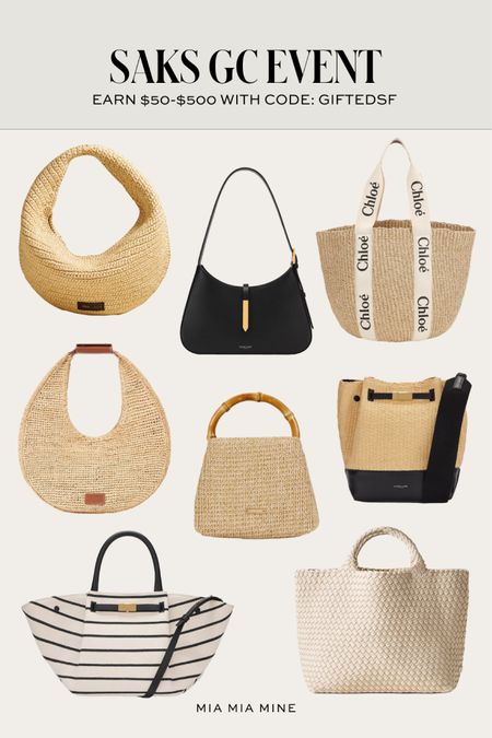 Saks gift card event - earn up to $500 with your purchase
Summer handbags on sale
Spring handbags on sale
Beach bags / woven totes / Chloe tote 

#LTKstyletip #LTKsalealert #LTKitbag