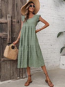 Dresses for Women Solid Ruffle Trim Smock Dress - Cute Sleeveless V Neck Midi/Long Dress | Amazon (US)
