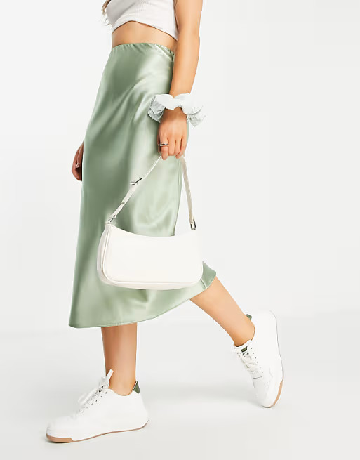 ASOS DESIGN satin bias slip midi skirt in sage | ASOS (Global)
