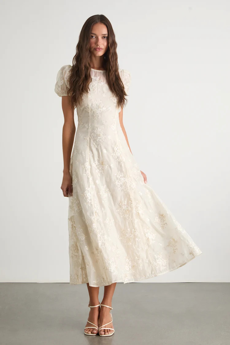 Elfrieda Cream Floral Embroidered Puff Sleeve Midi Dress | Lulus