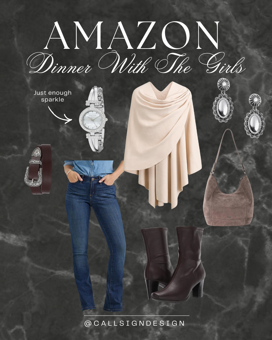 Get ready for a night with your girls! Western inspired accessories, boho bag, and cinnamon heeled boots all tied together with a wrapped poncho sweater. 

 #LTKdayinmylife #LTKgrwm #LTKootd