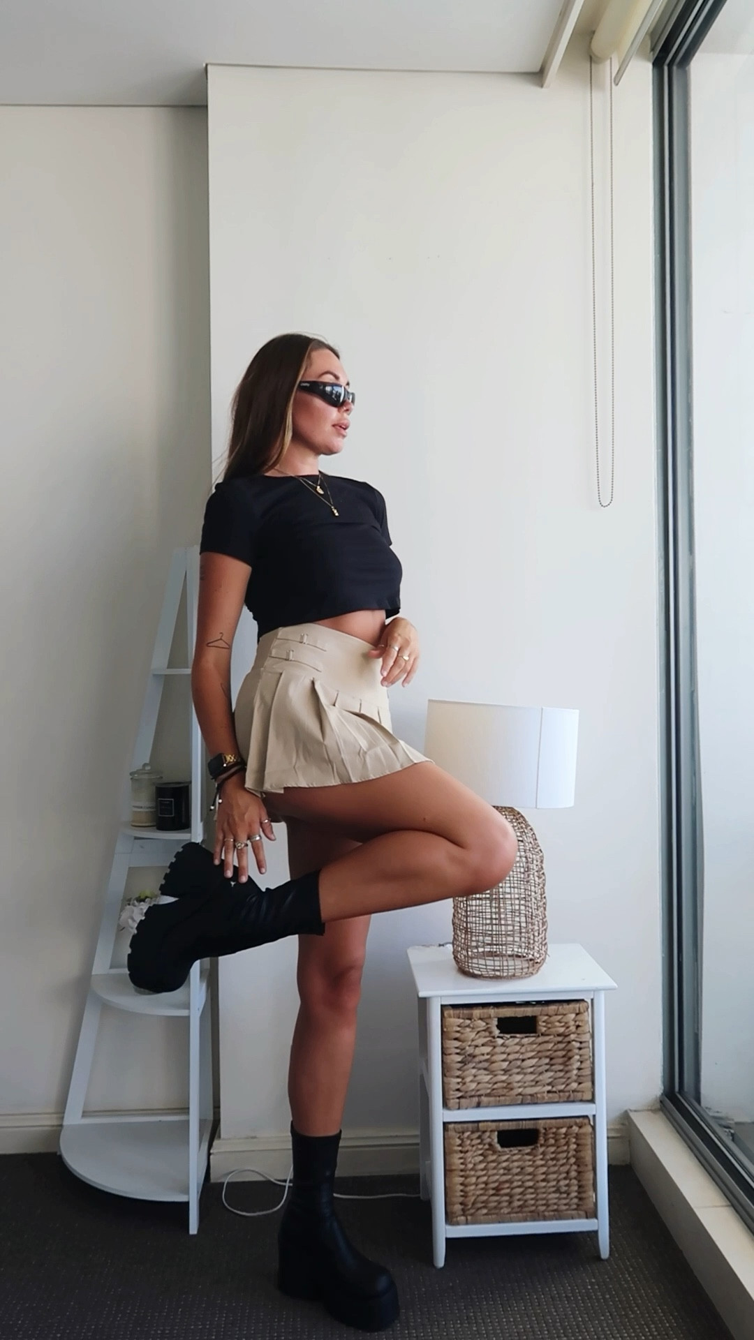 A new favourite outfit - I’m obsessed! Everything is from Princess Polly. A tie back black crop tee, beige pleated mini racer skirt and platform Windsor Smith boots #princesspolly #ankleboots #platformboots #chunkyboots #autumnoutfit #winteroutfit #tieback #tallgirlstyle

#LTKeurope #LTKstyletip #LTKaustralia