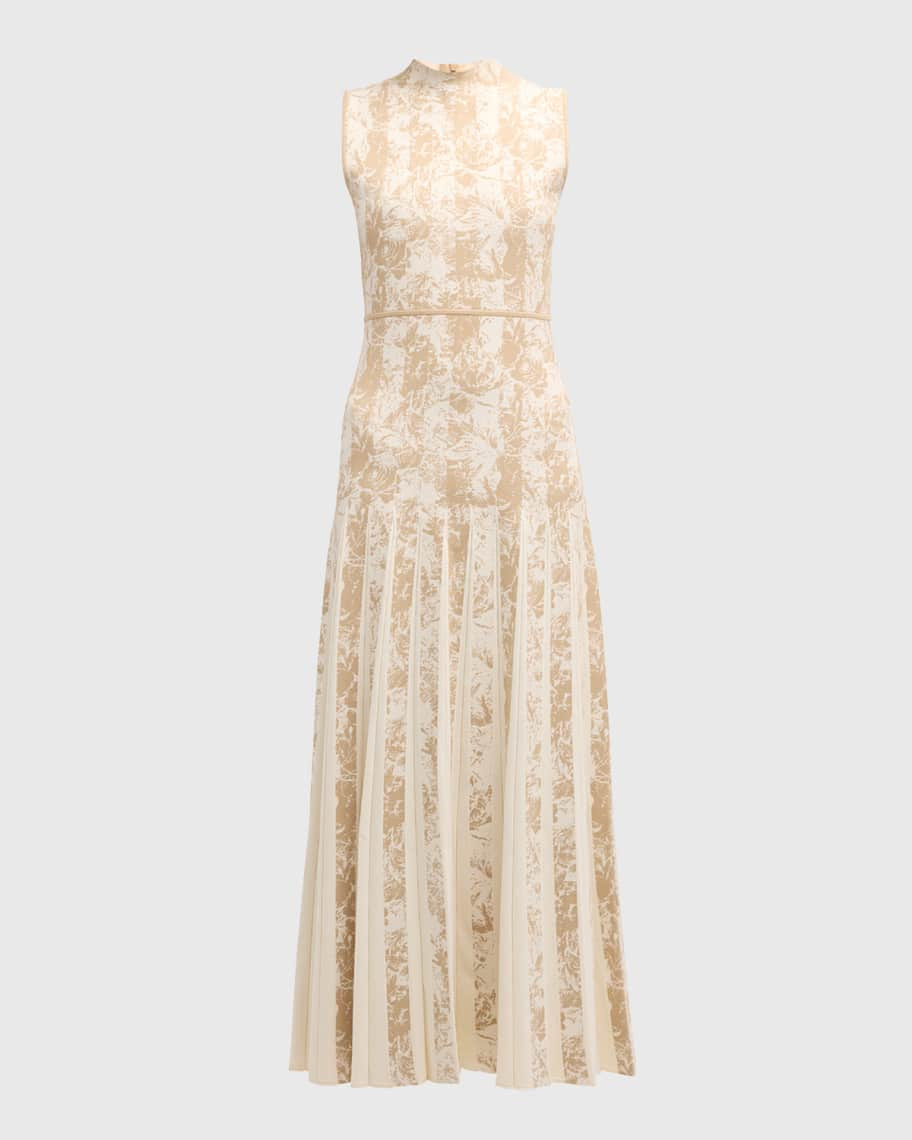 Lela Rose Pleated Floral Striped Jacquard Mock-Neck Sleeveless Midi Dress | Neiman Marcus