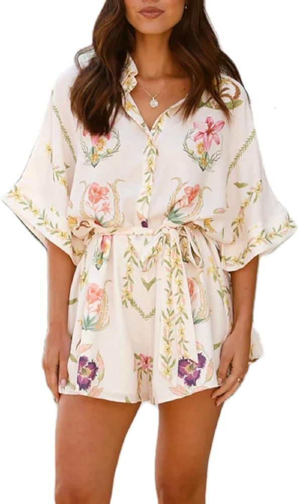 UAURORAO Women Tropical Button Down Romper Short Sleeve Boho Printed Flowy Short Jumpsuit Oversiz... | Amazon (US)