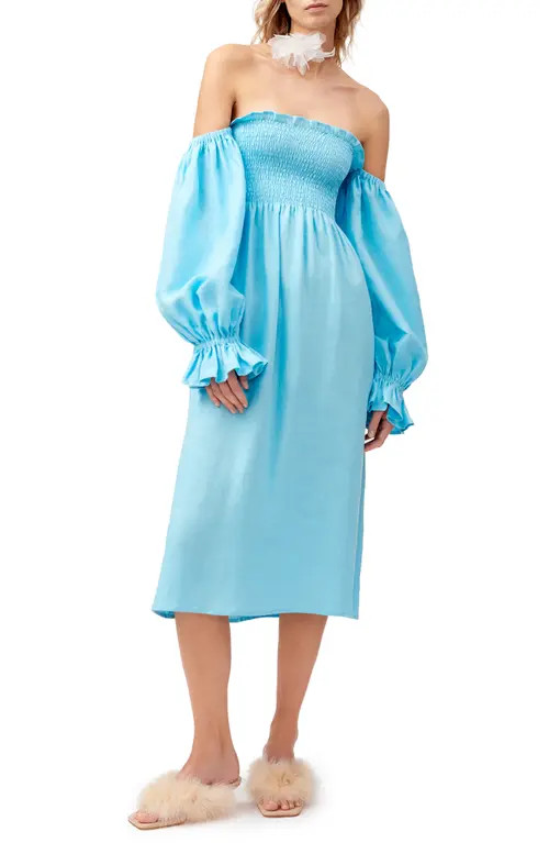 Sleeper Atlanta Balloon Sleeve Linen Nightgown in Blue at Nordstrom, Size X-Small | Nordstrom