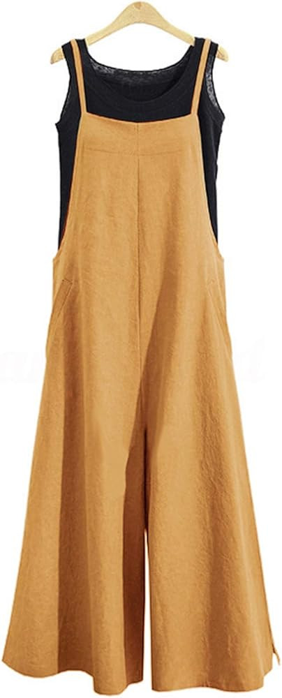 YESNO Women Casual Loose Long Bib Pants Wide Leg Jumpsuits Baggy Cotton Rompers Overalls with Poc... | Amazon (US)