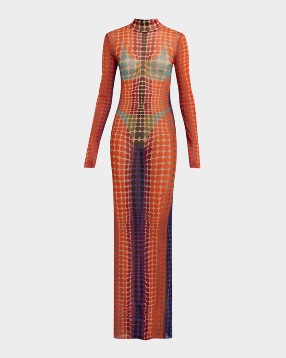 Jean Paul Gaultier Re-Edition Polka-Dot Trompe L'oeil Mesh Long-Sleeve Maxi Dress | Neiman Marcus