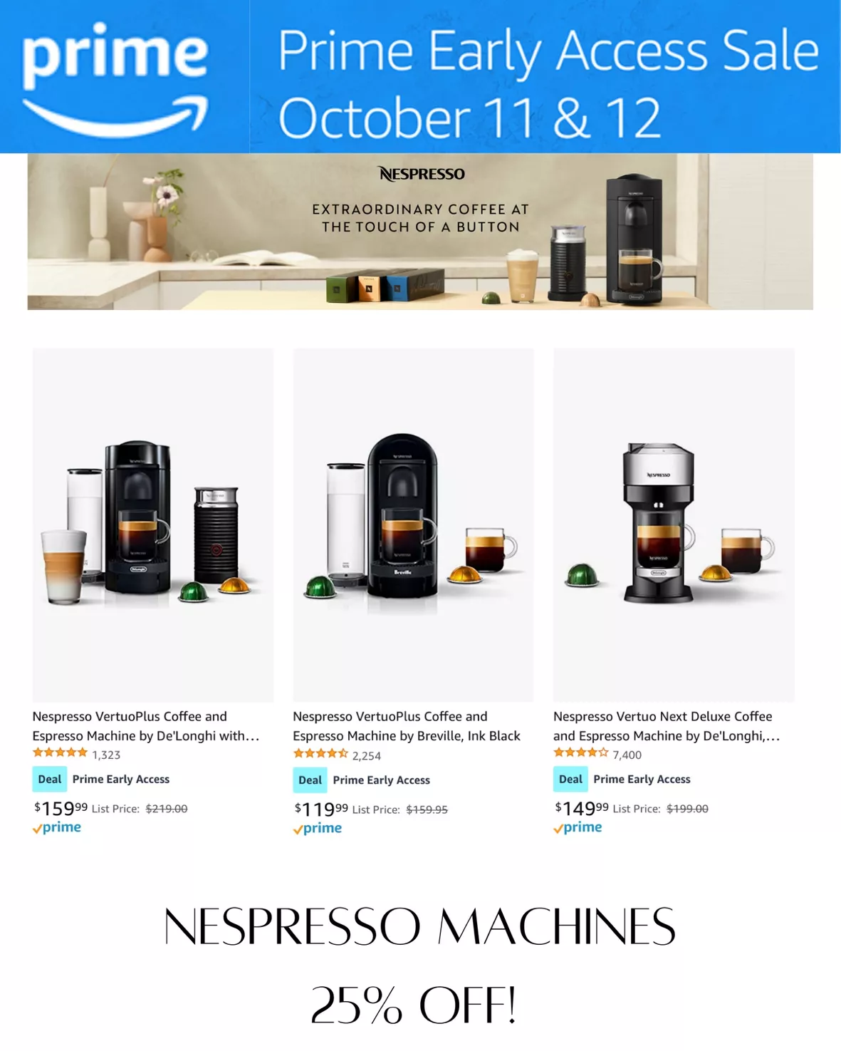 Nespresso Vertuo coffee and espresso machines on sale for 25% off at