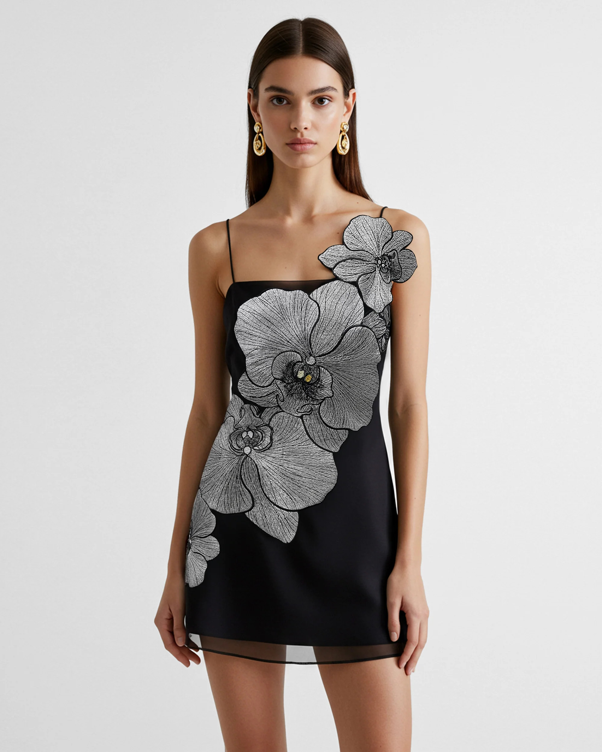 Orchid Appliqué Mini Dress - Black/Silver | JW PEI US