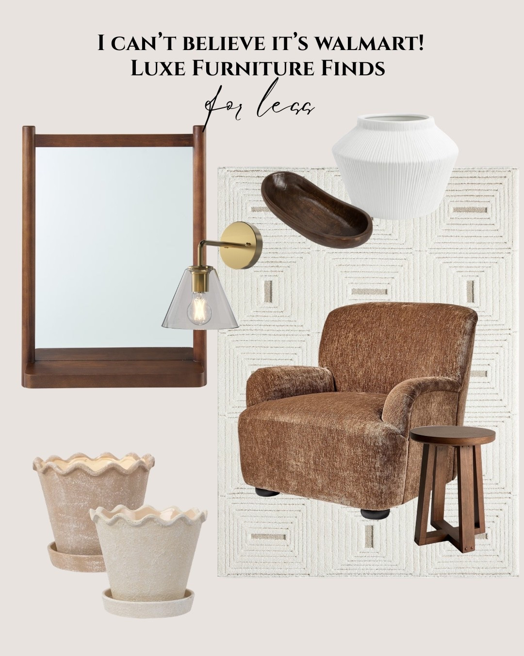 Walmart Luxury furniture finds for less: Brown armchair, dark brown side table, white modern rug, dark brown framed mirror, white vase, dark brown tray, concrete white and clay planters.

#LTKHome #LTKSaleAlert