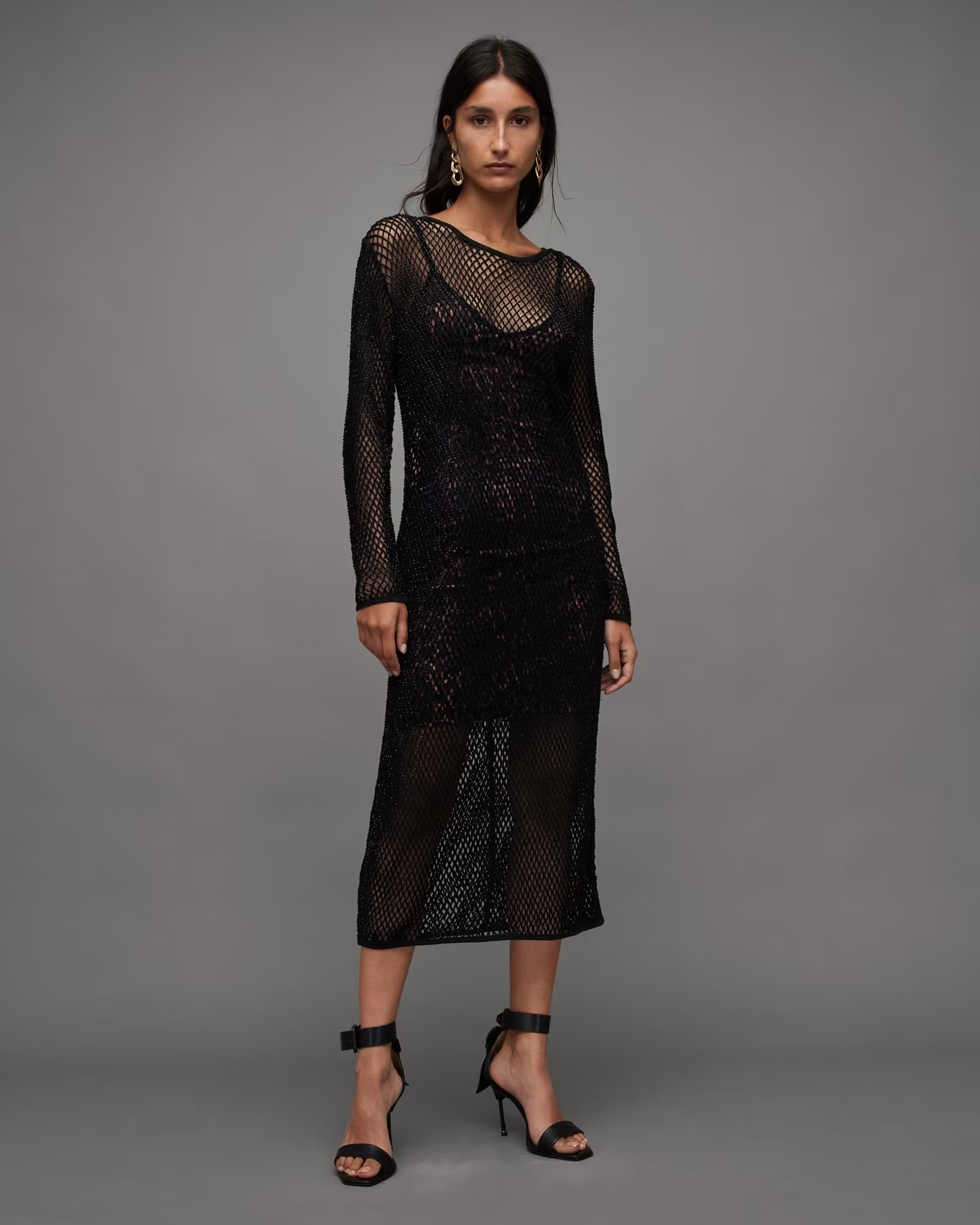AllSaints Women's Cotton Rosalie Embellished Leopard Midi Dress, Size: 14 | AllSaints UK