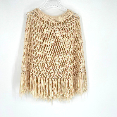 Vintage Crochet Fringe Cape Cream Womens One Size Boho Hippie Festival Poncho | eBay US